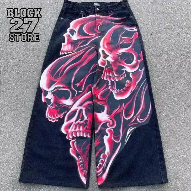 Y2K Hip Hop Streetwear Denim Jeans Anime Print Pattern Casual Fashion Loose Wide Leg Pants Trendy  Vintage Style Harajuku Unisex