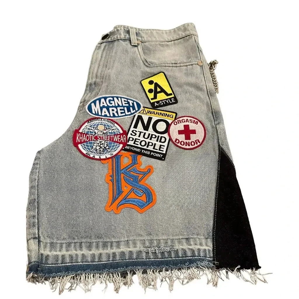 Retro Blue Patch Loose Low Rise Street Trend Denim  Men Women Hip Hop Fitness Casual Short Y2K Cartoon  Embroidery Pattern Jeans