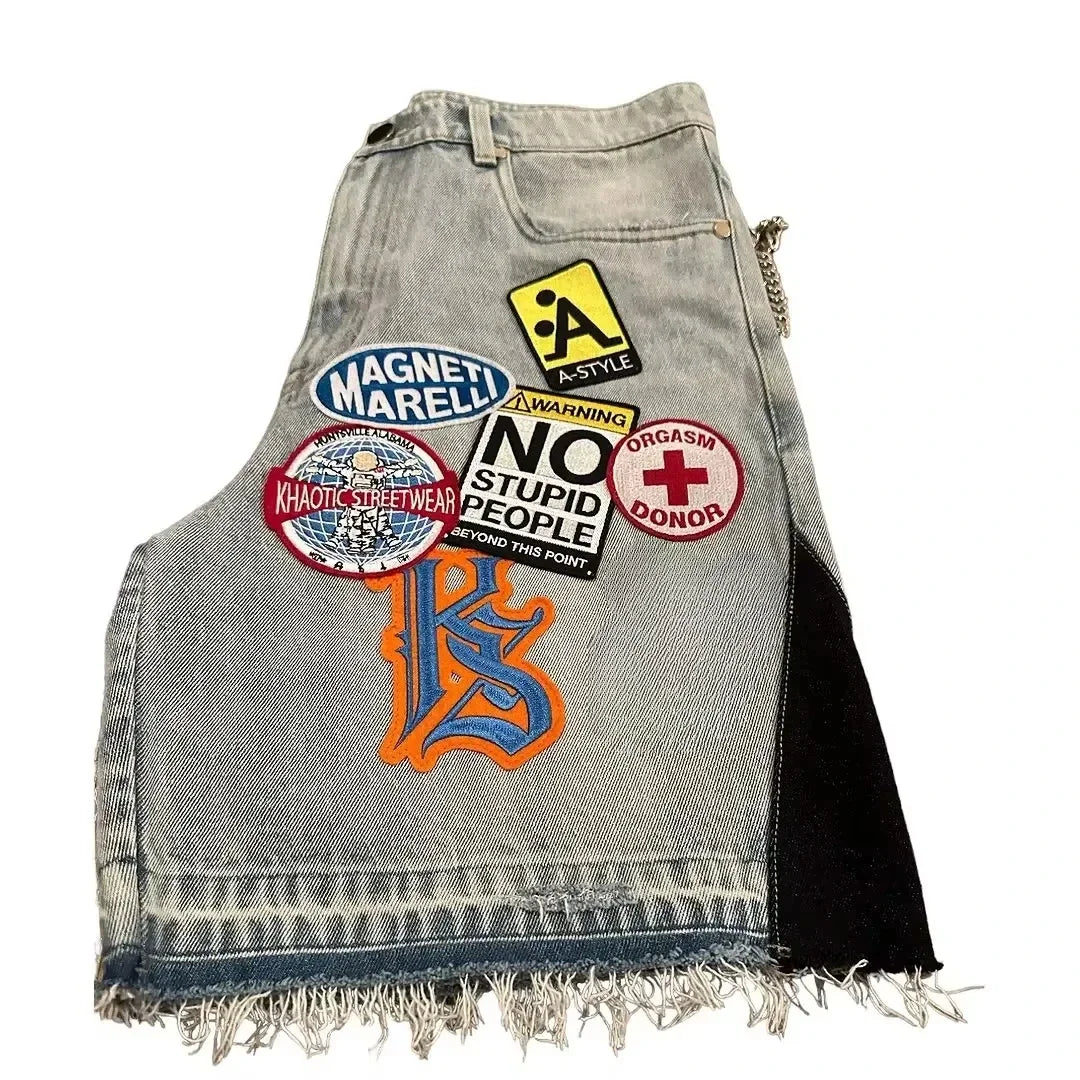 Retro Blue Patch Loose Low Rise Street Trend Denim  Men Women Hip Hop Fitness Casual Short Y2K Cartoon  Embroidery Pattern Jeans