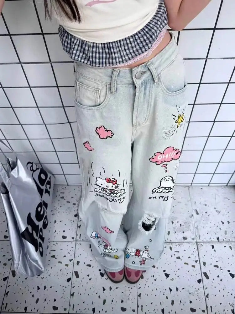 Kawaii Jeans Hello Kittys Ripped Wide-Leg Pants Cute Fashion Straight New Style Loose Comfortable Breathable Cartoon