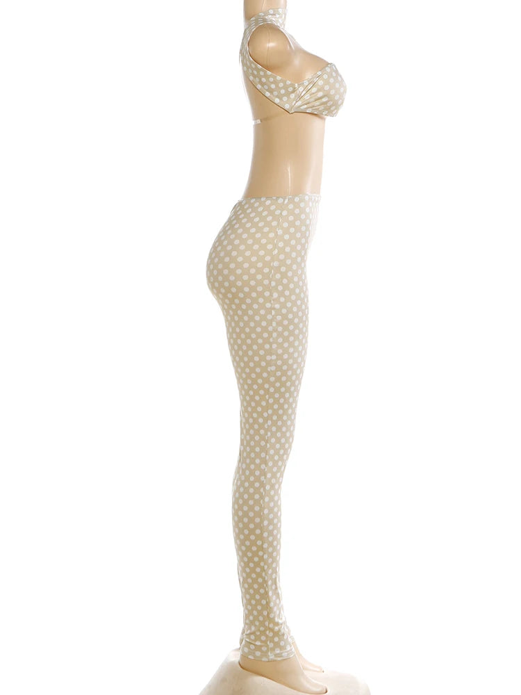 Weird Puss Hottie Polka Dot 2-Piece Set Women Halter Chest Wrapped Backless Top+Ruched Peach Hip Pants Stretch Skinny Clubwear