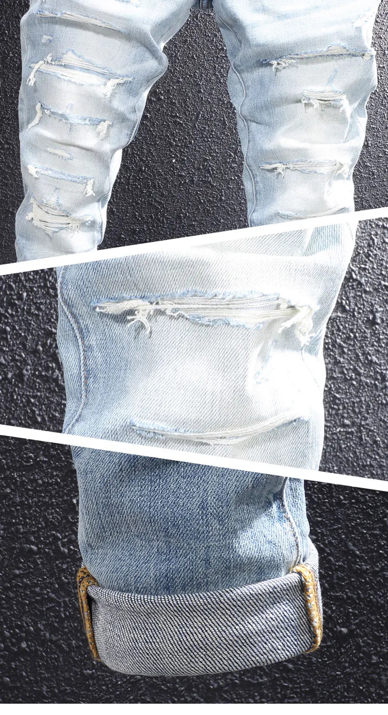 Fashion designer men's retro washed light blue elastic slim fit printed corrugated jeans men's Italian style retro denim pants h