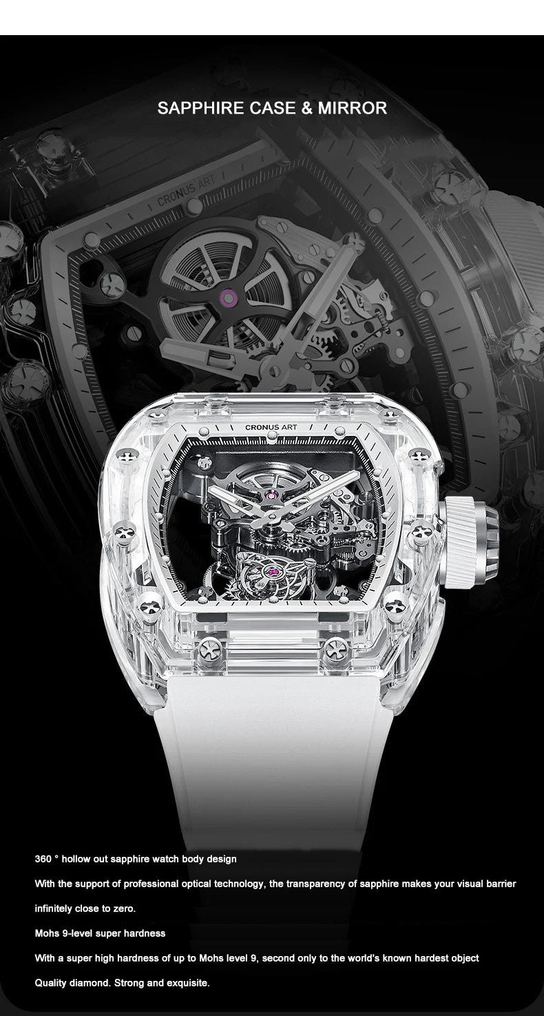 CRONUSART Men Tourbillon Watch Luxury Tonneau Automatic Mechanical Wristwatch Sapphire Case Luminous Fluororubber Strap Skeleton