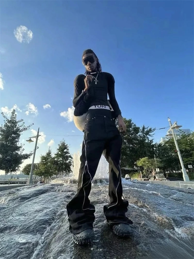 High Street RO Style Jeans Pants Men's Five Star Mang Ribbon Rotating Large Zipper Floor Pulling Horn Denim Streetwear Pants