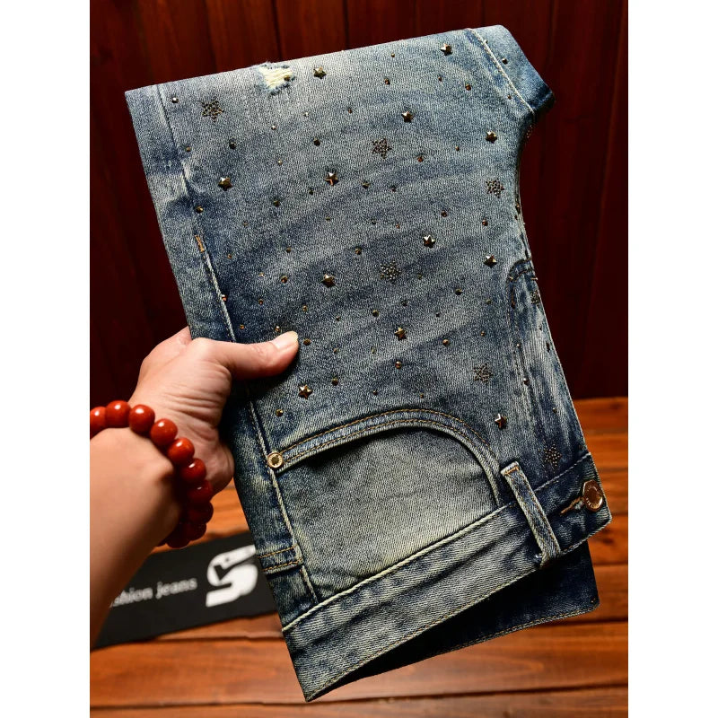 Fashionable light luxury jeans with men's patch design trendy retro elastic ripped pants