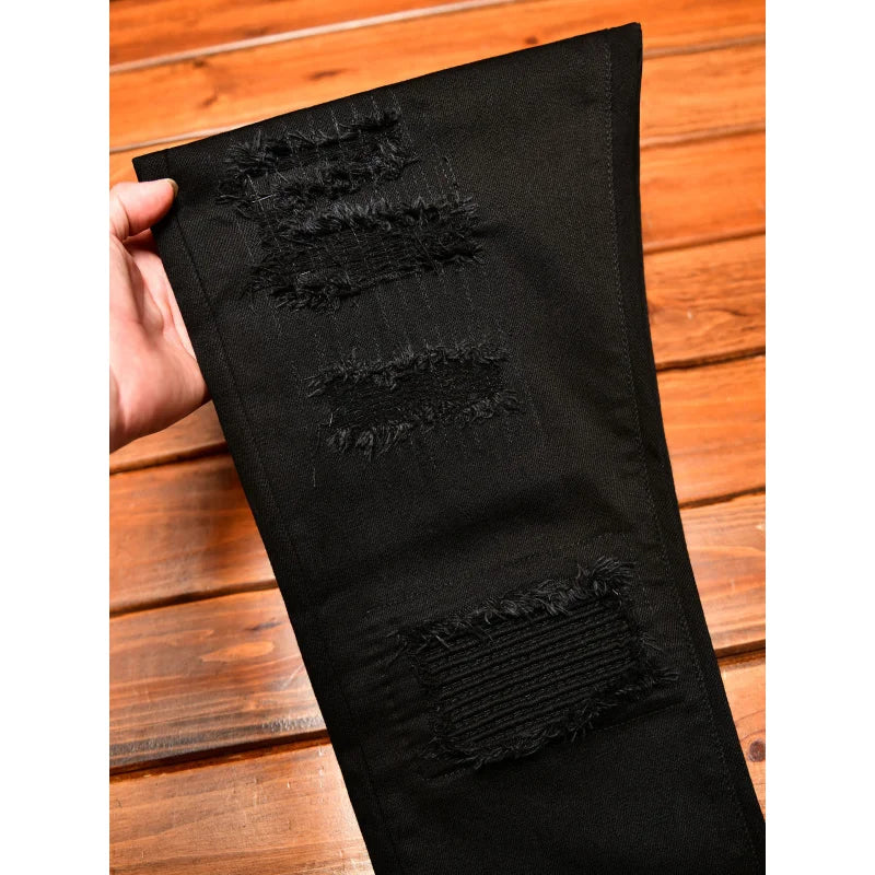 High end high street ripped patch design black jeans for men in autumn, slim fit American style trendy pants with small feet