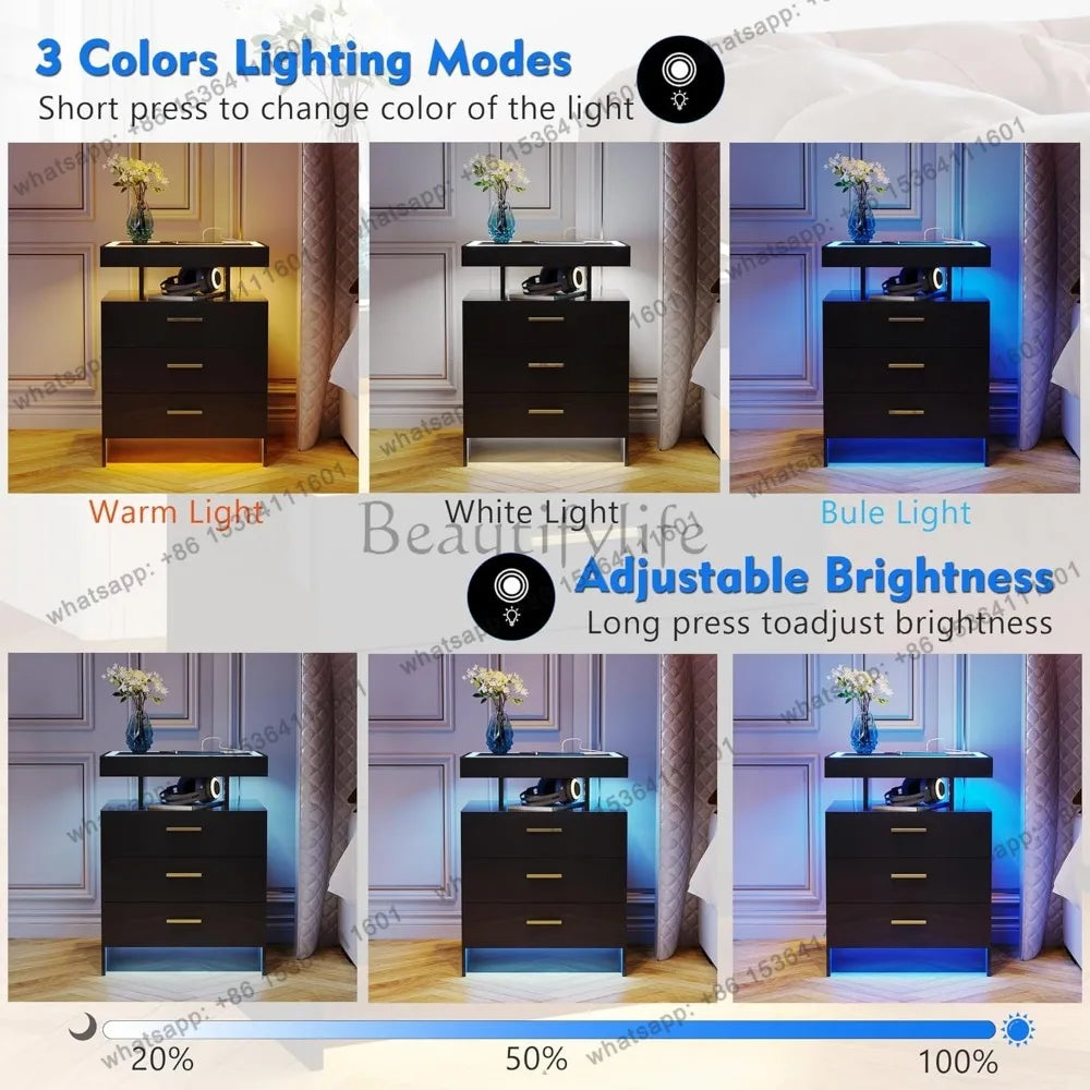 D06Modern Bedside Table 2 Set Nightstands with Wireless Charging Station, Auto Sensor 3 Color Dimmable LED Night Stand
