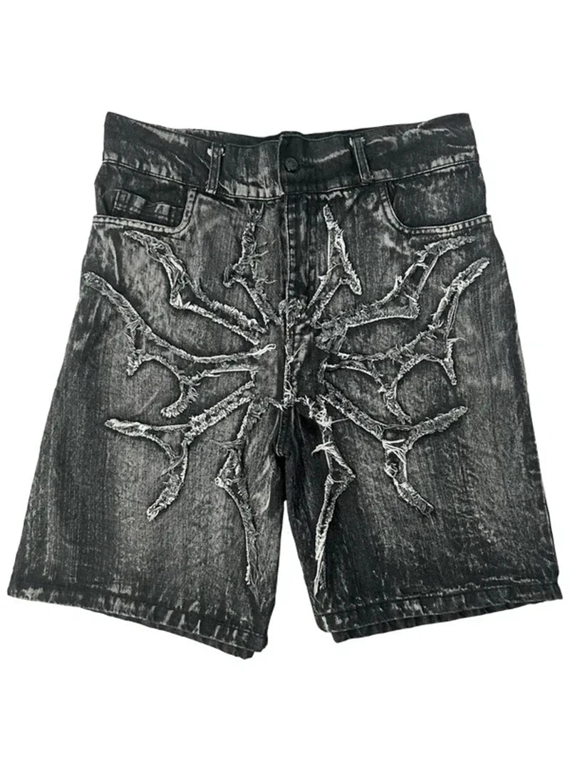 Goth Retro Men Baggy Unisex Short Pants Y2K Phantom Jeans High Street Spider Embroidered Patch Hip Hop Streetwear Straight Jeans