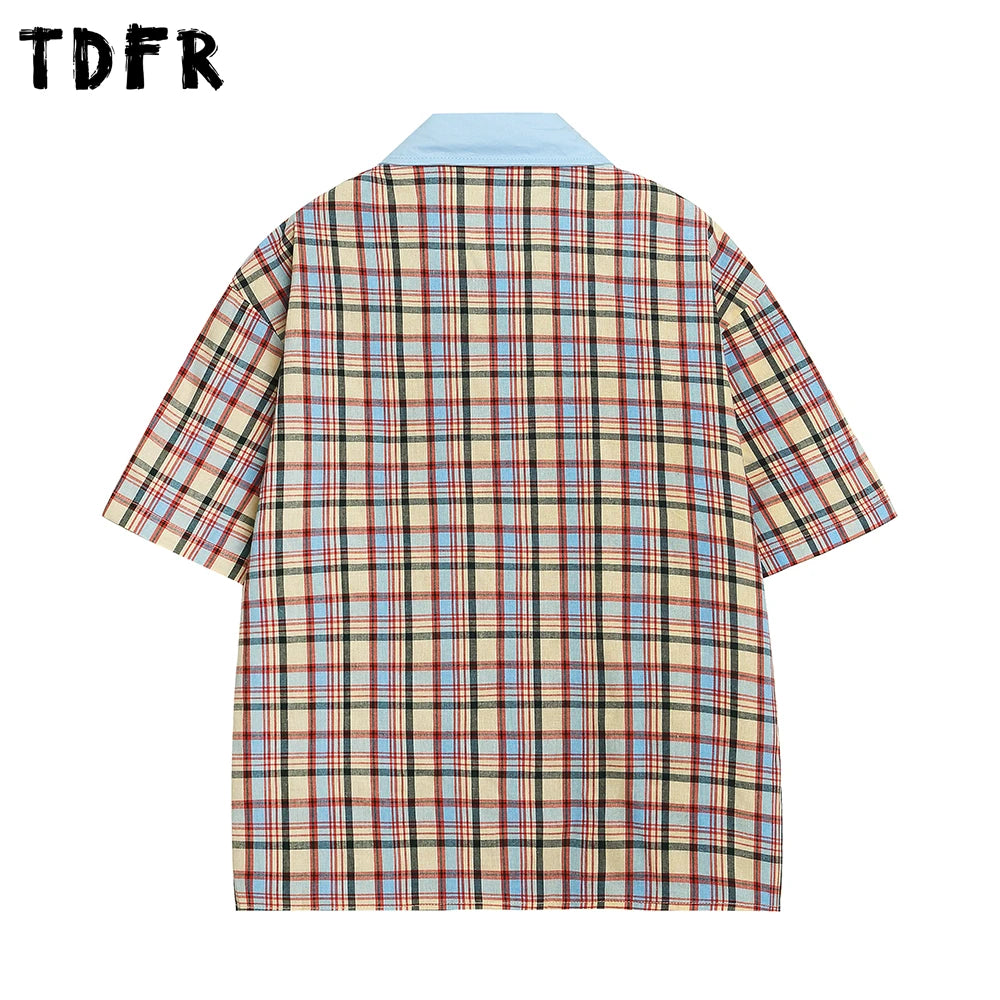 Cartoon Embroidery Short Sleeve Checked Shirt Mens Summer Retro Casual Spliced Lapel Single Breasted Half-Sleeve Plaid Shirts
