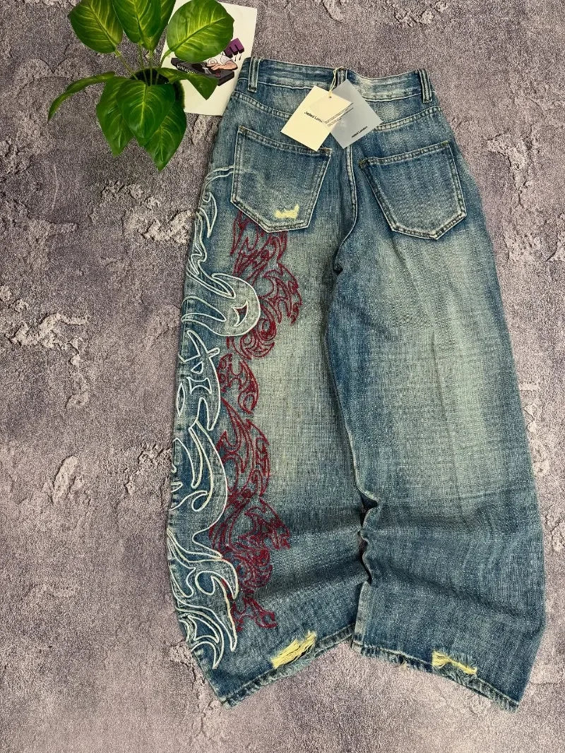 Y2K American New Pattern Embroidery Baggy Jeans Men High Street Vintage Hip Hop Fashion Casual Joker Couple Wide-leg Pants