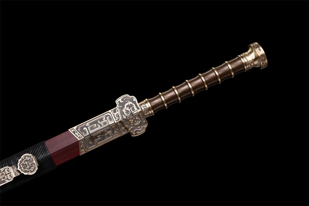Very Good Chinese Jian Han-Jian Sword Handmade Feather Pattern Damascus Steel Blade Full Tang Ebony Sheath Copper Brass Fittings