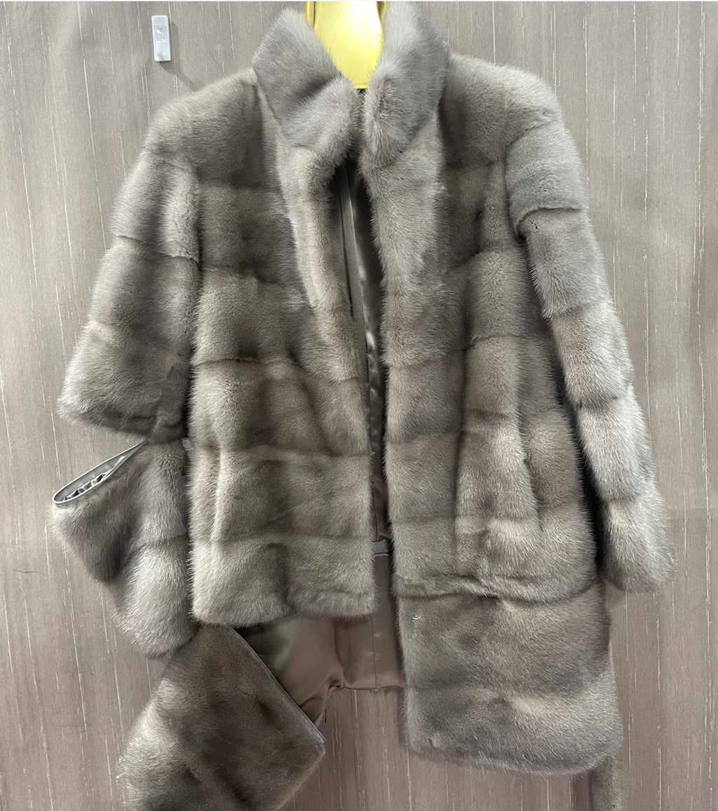 Women's natural mink fur jacket with detachable bottom sleeves, three in one long luxury jacket