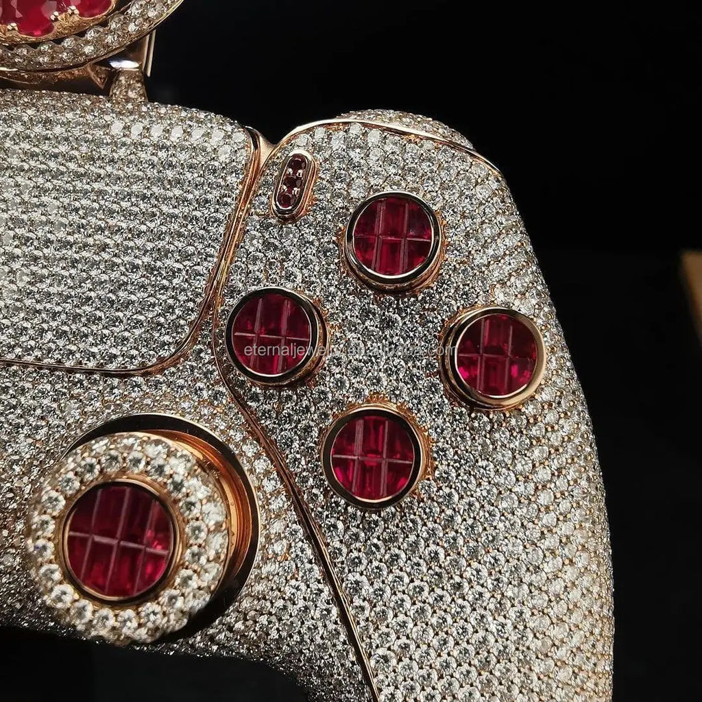 Full Zircon Iced Out Gaming Controller Pendant – 3D Realistic Gamepad with Red Gem Buttons & Crown Detail