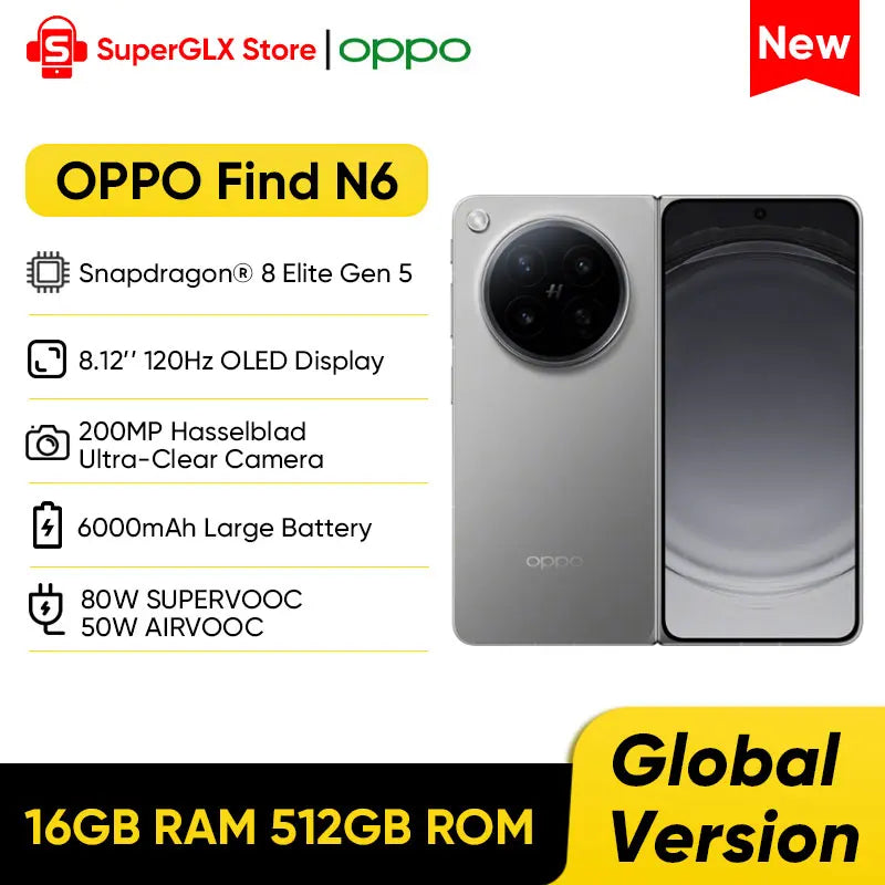 OPPO Find N6 5G Foldable Smartphone 8.12" 120Hz OLED Screen Snapdragon 8 Elite Gen 5 200MP Hasselblad Camera 80W SUPERVOOC NFC