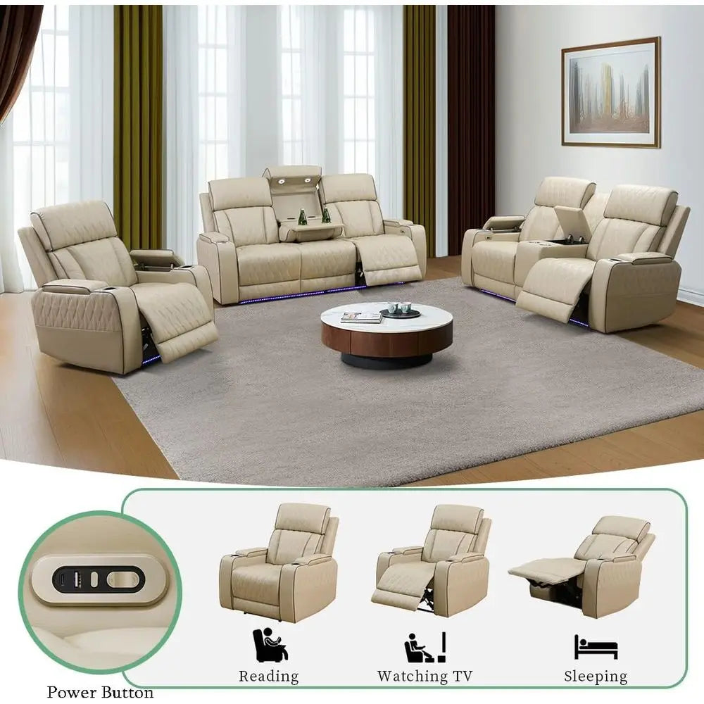 Beige Leather Power Reclining Chair Set, Sectional Sofa with Reclining and Storage, LED-lit Living Room Furniture
