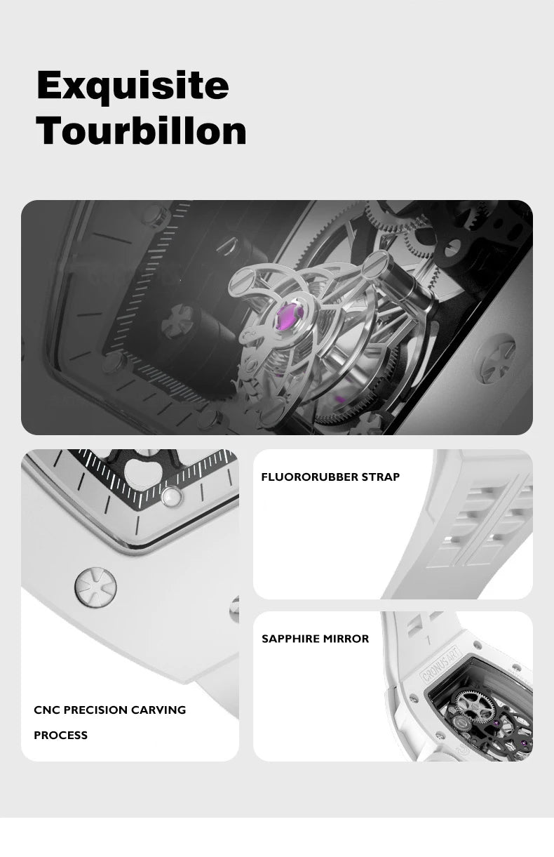 CRONUSART Men Tourbillon Watch Tonneau Mechanical Wristwatch 5Bar Ceramic Case Luminous Fluororubber Strap Sapphire Mirror