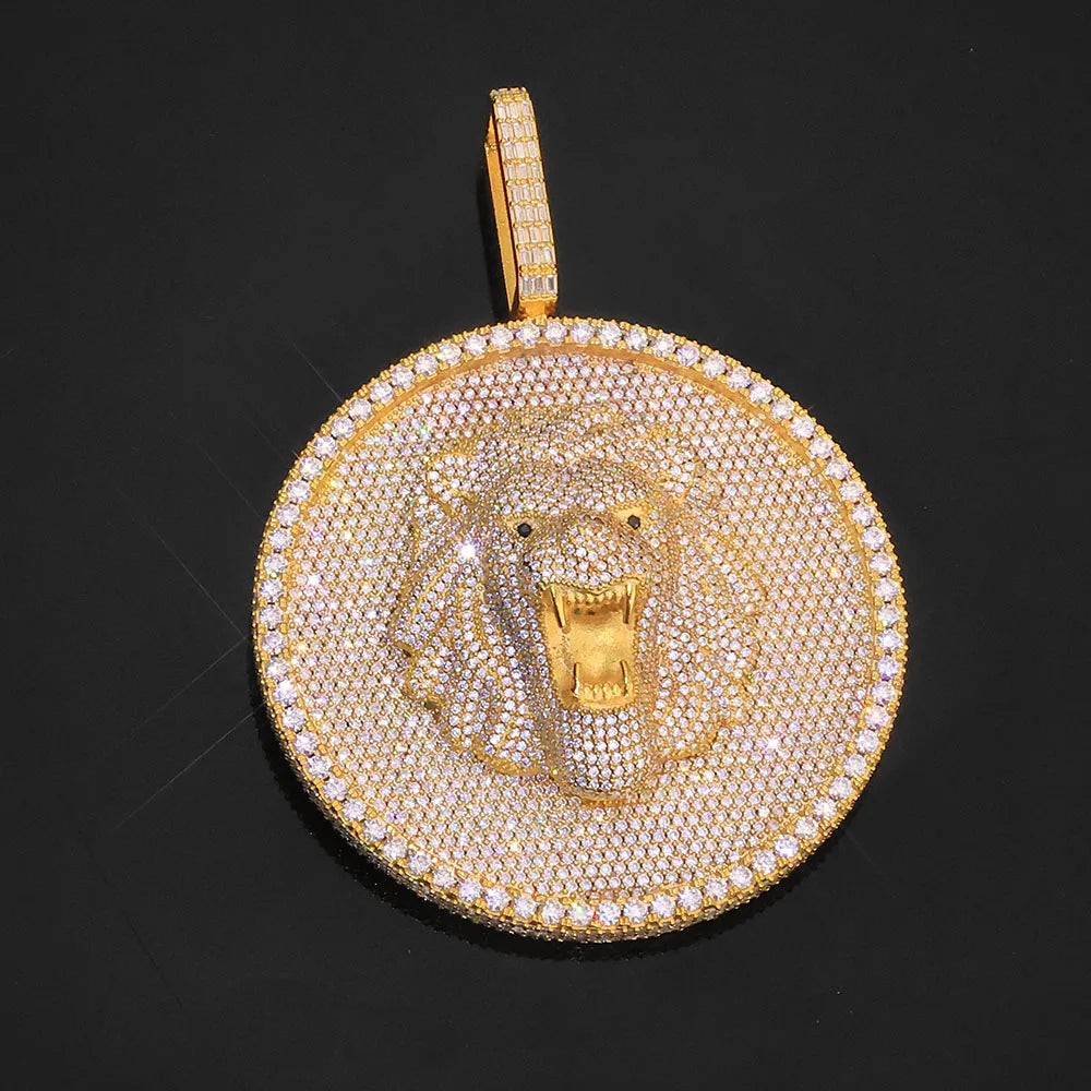 HHIOK Luxury Custom HipHop 925 Silver Moissanite Lion Circle Shaped 18K Gold Plated Men Pendant Iced Out Diamond Necklace