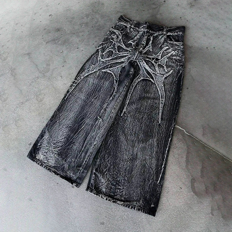 Goth Retro Men Baggy Unisex Short Pants Y2K Phantom Jeans High Street Spider Embroidered Patch Hip Hop Streetwear Straight Jeans