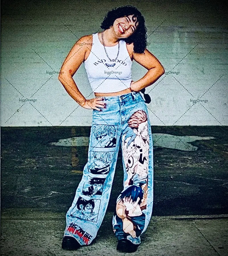 Hip Hop Y2K baggy jeans Anime  print pattern Vintage Streetwear fashion Harajuku men women high waisted Casual wide leg jeans