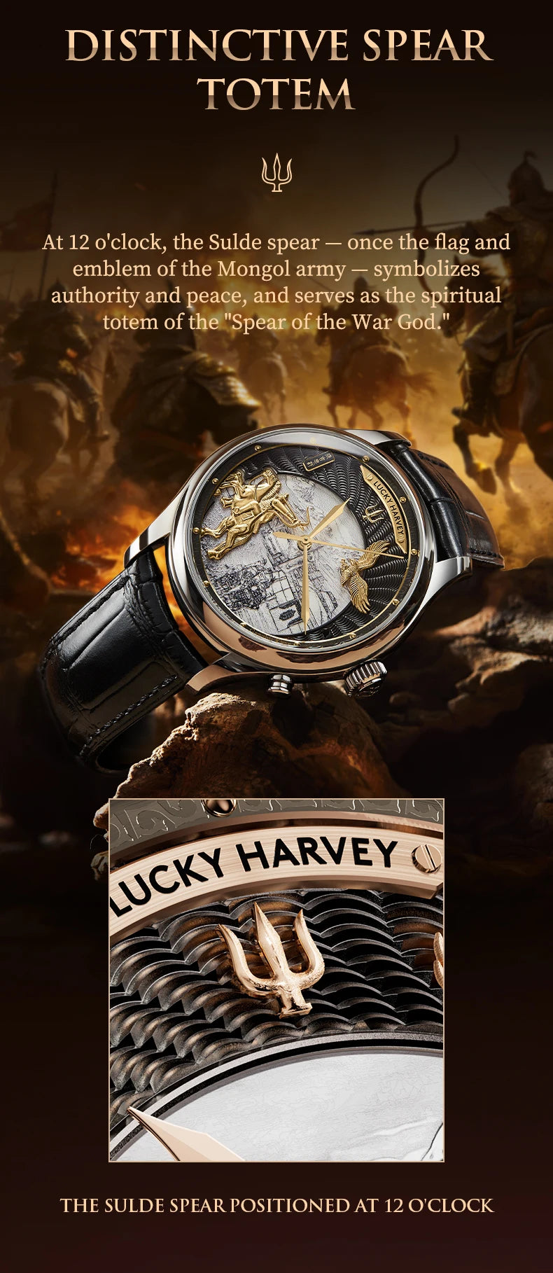 Lucky Harvey 3D Hero Genghis Khan Chiming Watches Guilloché Relief Dial Motion Movement Limited Automatic Mechanical Wristwatch