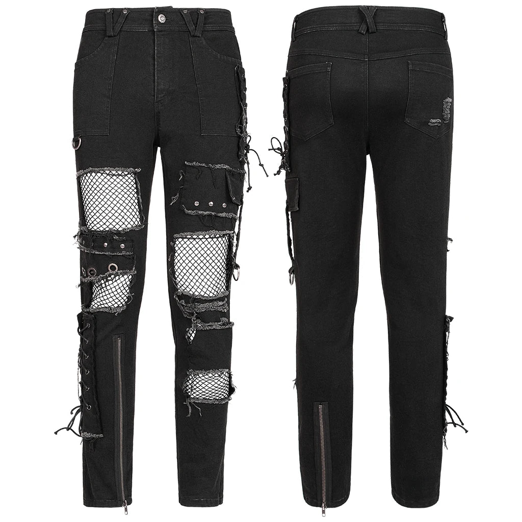 PUNK RAVE New Men's Punk Rock Broken Hole Net Black Long  Trousers Gothic Casual Male Motocycle Cotton Denim Pants Visual Kei