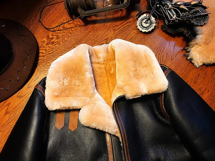 Sheepskin Suit Men's Lambskin Genuine Leather Overcoat Motorcycle Short Leather Fur Coat