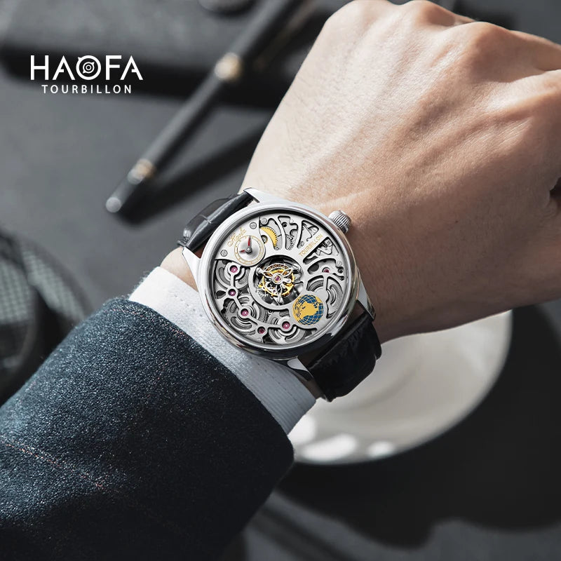 Haofa 1037 Center Tourbillon Mechanical Man Watch Skeleton Earth Dial Flying Tourbillon Movement Men Watches Vintage Fashion