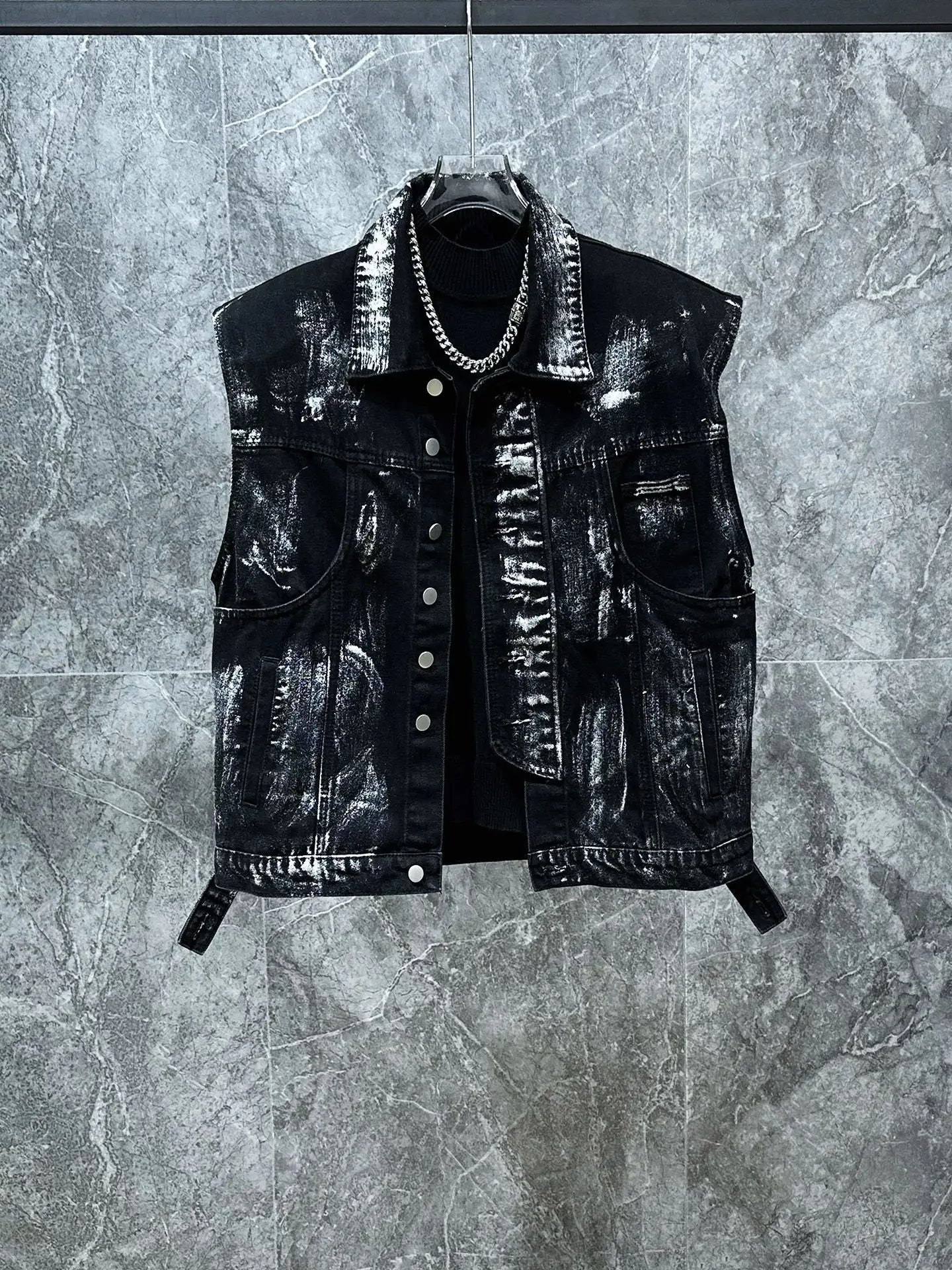 Men's Ripped Jeans Two-piece Set Splashed Ink Vest Jacket Straight Leg Pants American Fashion Autumn High Street Male Denim Sets