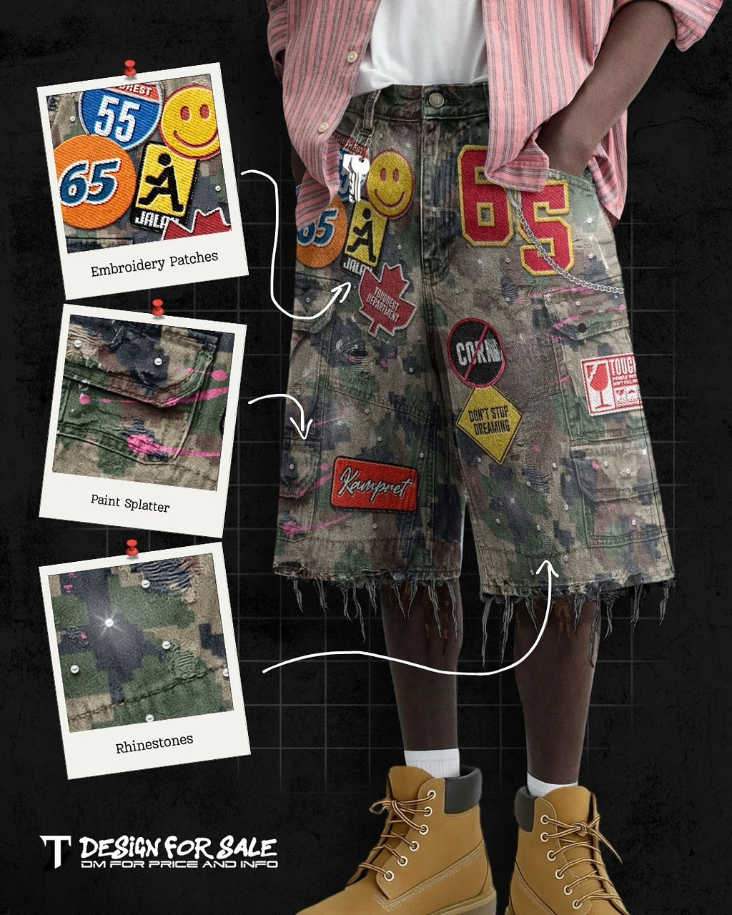 Hip Hop Retro Camo Patchwork Denim Shorts Streetwear Y2K Jeans Men Women Cartoon Graphics Loose Denim Fitness Casual Shorts