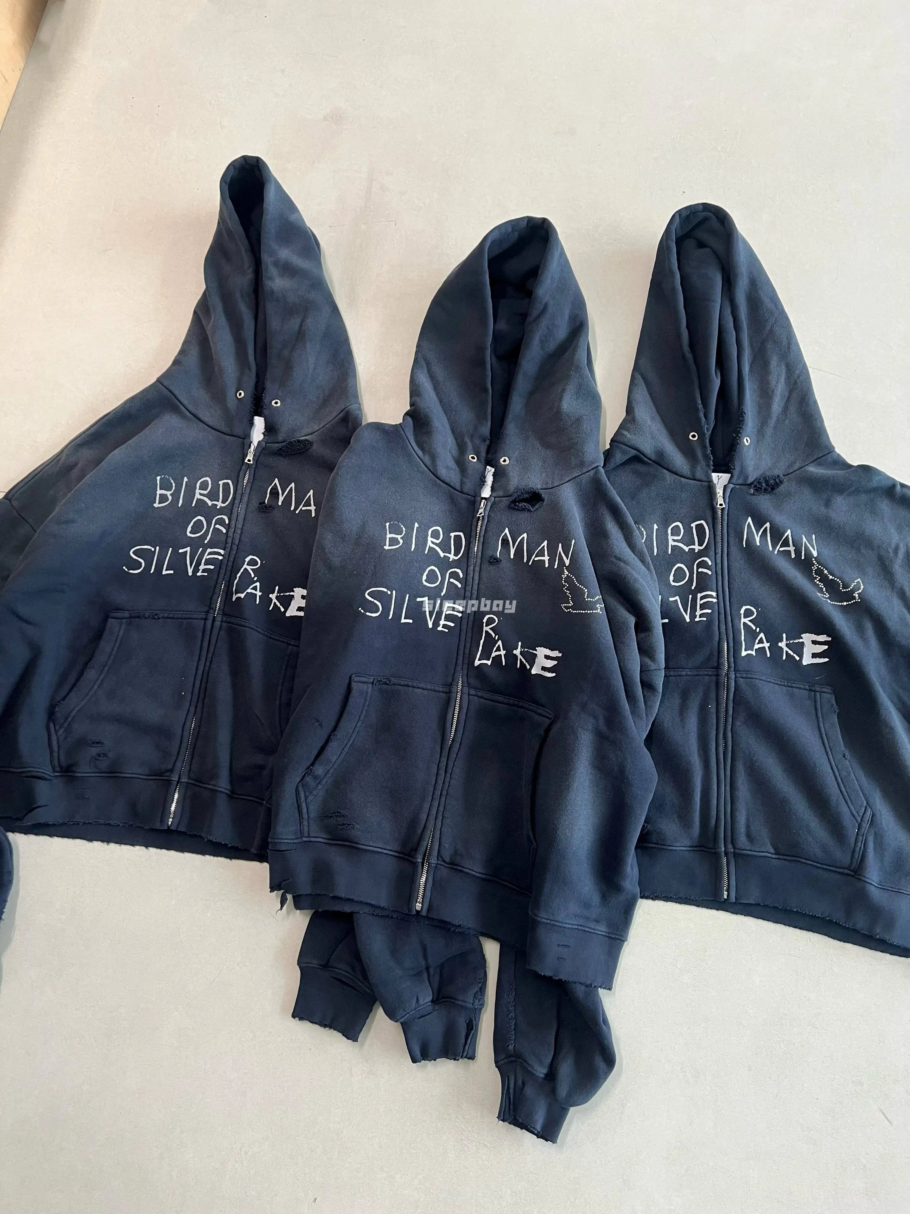Paly Hollywood 25ss Birdman Medal Rhinestone Zipper Old Damaged Hoodie Jacket