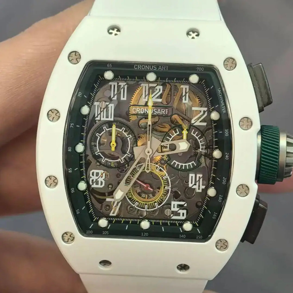 CRONUSART Men Chronograph Watch 50mm Tonneau Automatic Mechanical Wristwatch Sapphire Mirror Luminous Skeleton Dial FKM Strap