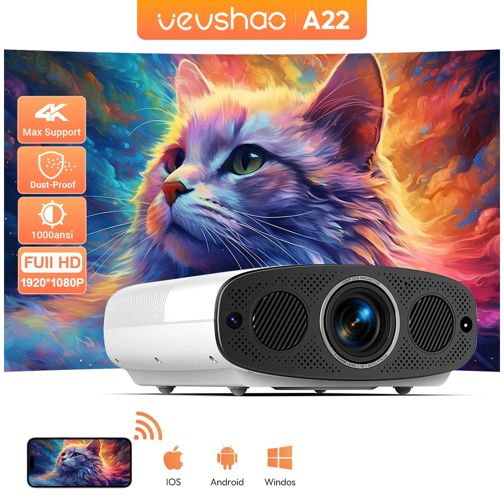 VEVSHAO Full HD Projector A22 4K Video Smart TV for Home WIFI 1080P 1000 Lumen Projectors Media Video Player Smart Beamer