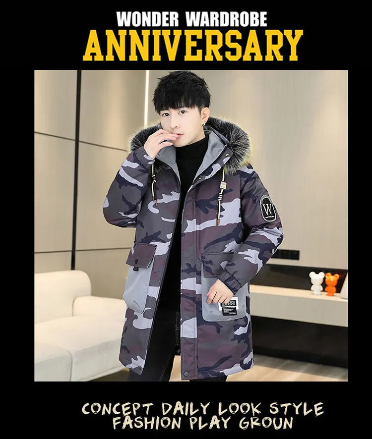 Fashion Mid-Length Camouflage Warm Parkas Winter Men's High Street Wear Windproof Hooded Plush Jackets Outdoor Thick Fleece Coat