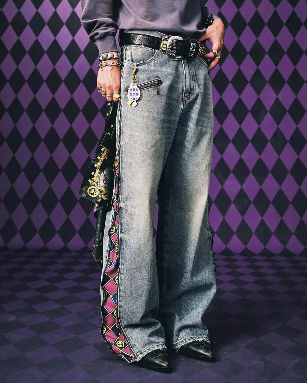 JoJo Anime Zip Off Panel Jeans Men Women High Waist Wide Leg Detachable Print Denim Pants Purple Gold Patchwork Straight Jeans