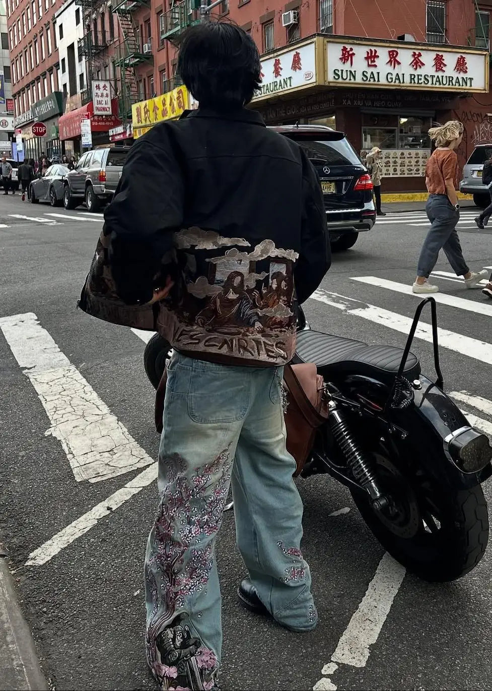 Fallen Knight Cherry Blossom Embroidery Denim Pants Y2k Vintage Women Baggy Straight Wide Leg Jeans Street Men Clothing Trousers