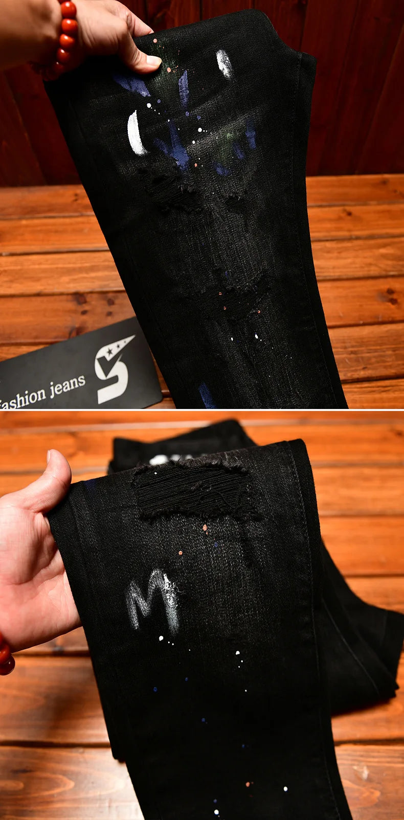 2025 Autumn American Fashion Black Jeans Men's Slim Fit Version with Piercing Patch Paint Printed Street Trendy Pants