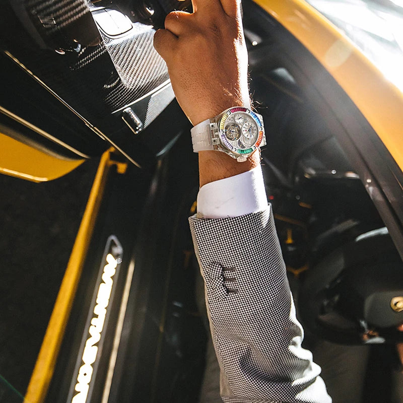 Haofa GMT Tourbillon Man Watch 2101 Luxury Rainbow Crystal Day And Night Manual Tourbillon Mechanical Men Watches Sapphire