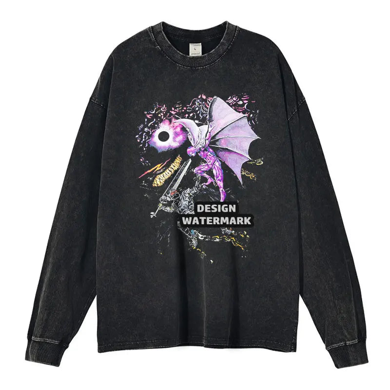 Anime Griffith Sweater Oversized Vintage Washed B -Berserk Long Sleeve T Shirt Manga Guts Pullover Zodd Sweatshirts 100% Cotton
