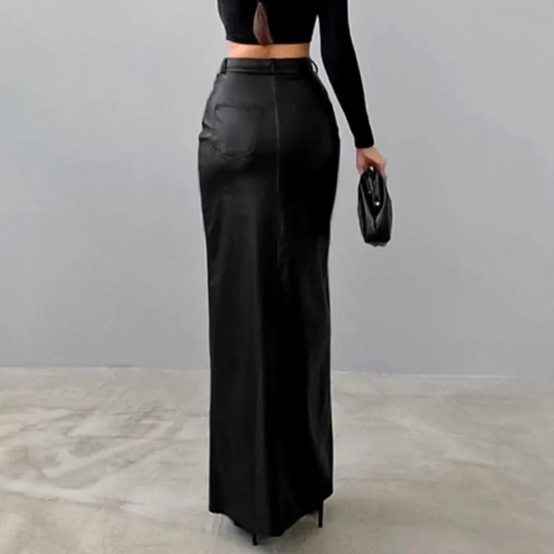 Women's Split Design Solid Color High Waist Pu Leather Skirt 2026 Spring Fall Office Lady Trendy Streetwear Long Skirts