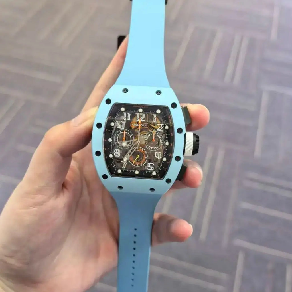 CRONUSART Men Chronograph Watch 50mm Tonneau Automatic Mechanical Wristwatch Sapphire Mirror Luminous Skeleton Dial FKM Strap
