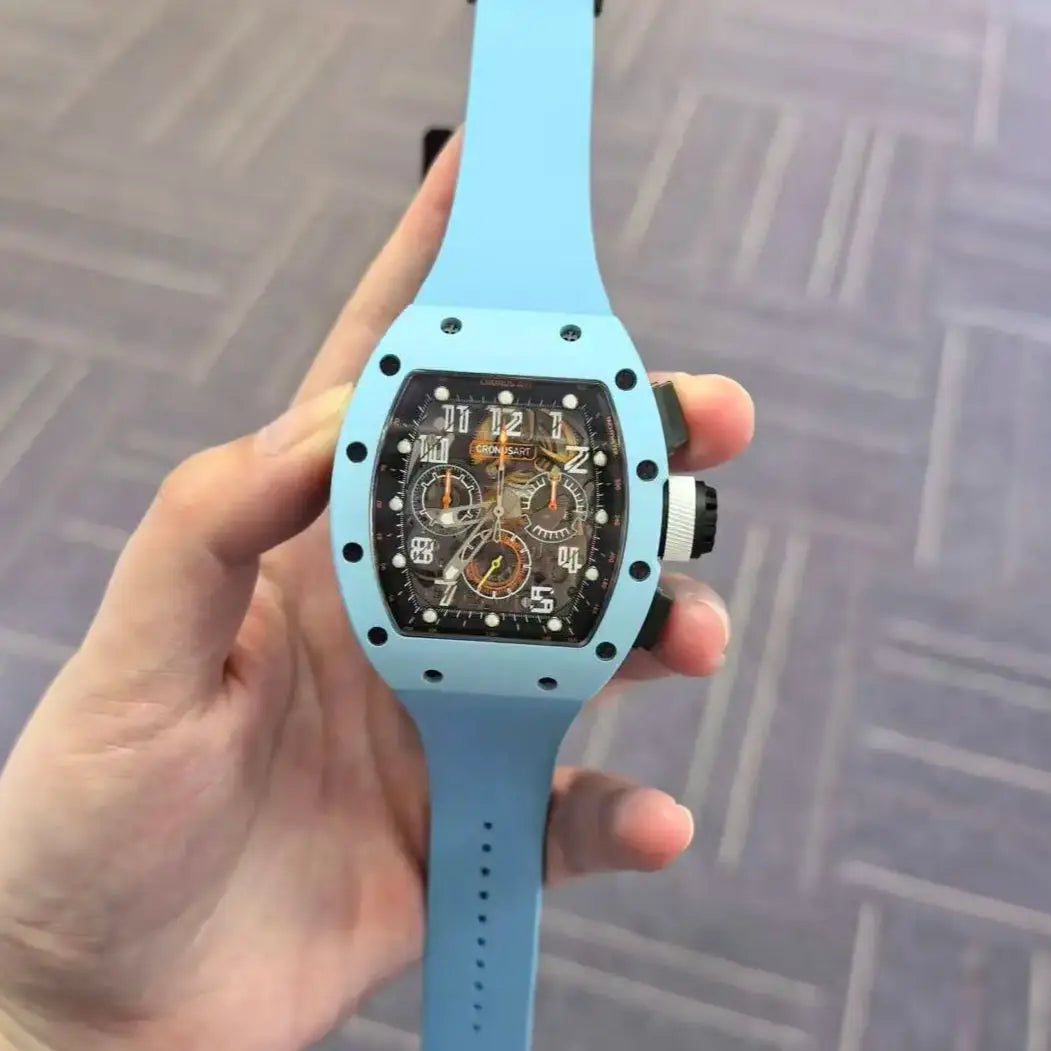 CRONUSART Men Chronograph Watch 50mm Tonneau Automatic Mechanical Wristwatch Sapphire Mirror Luminous Skeleton Dial FKM Strap