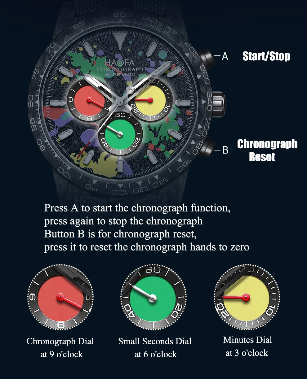 Haofa Carbon Fiber Chronograph Watch Automatic Mechanical Watches for Men Sapphire Waterproof Watch Cool Multi-function 2366