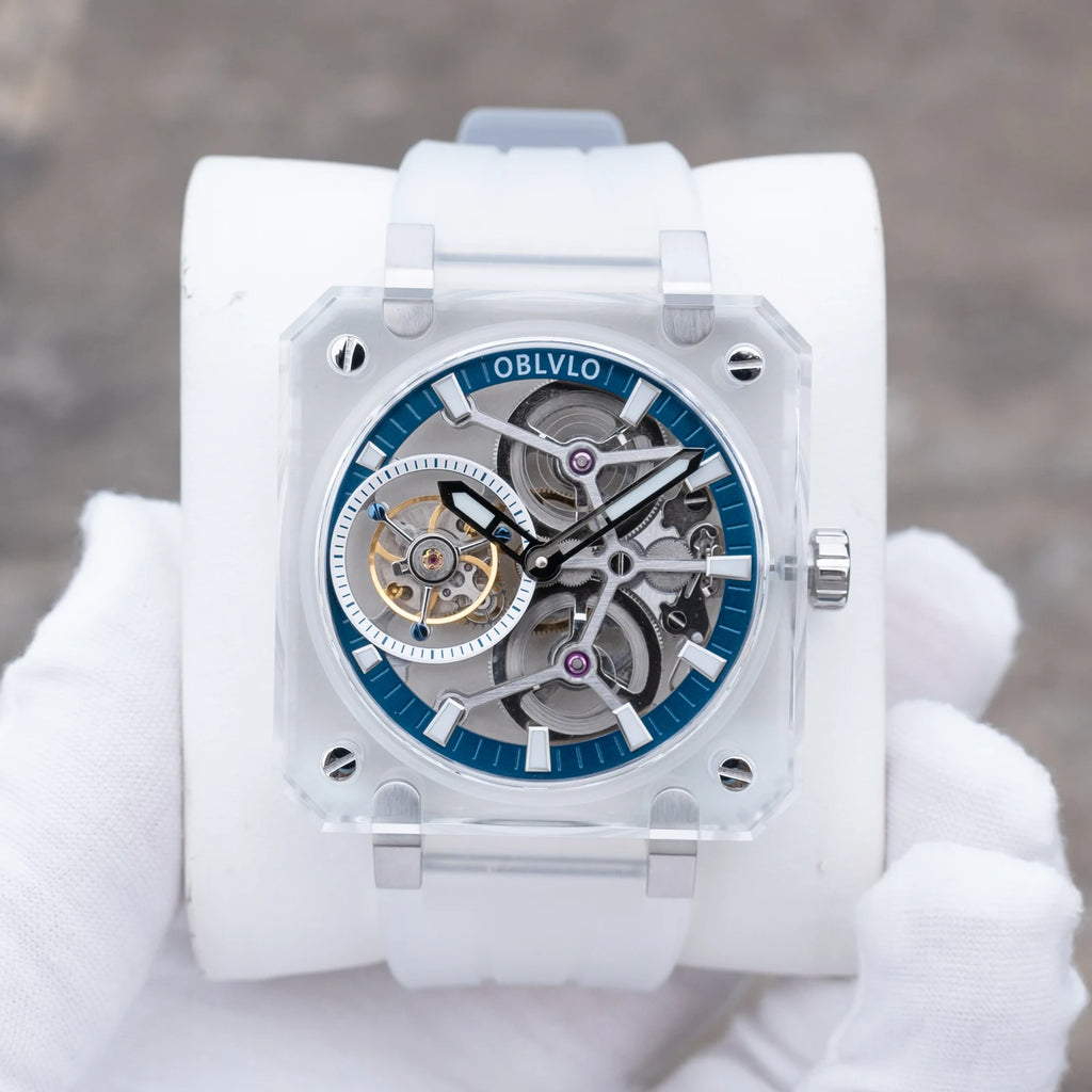 OBLVLO Men's Blue Skeleton Dial Tourbillon Automatic Watch Transparent Square Analog Display And Hollow-out Design BR-TB