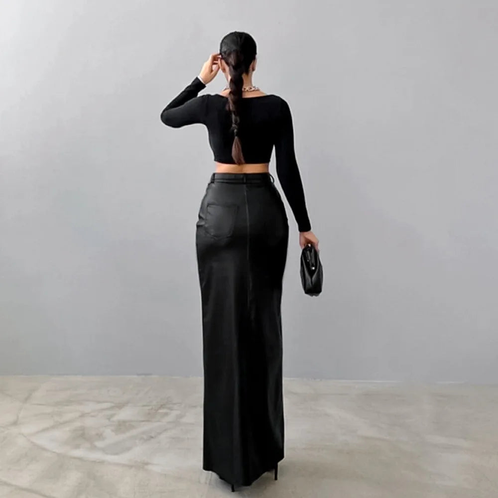 Women's Split Design Solid Color High Waist Pu Leather Skirt 2026 Spring Fall Office Lady Trendy Streetwear Long Skirts