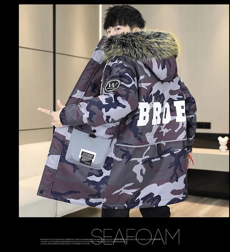 Fashion Mid-Length Camouflage Warm Parkas Winter Men's High Street Wear Windproof Hooded Plush Jackets Outdoor Thick Fleece Coat