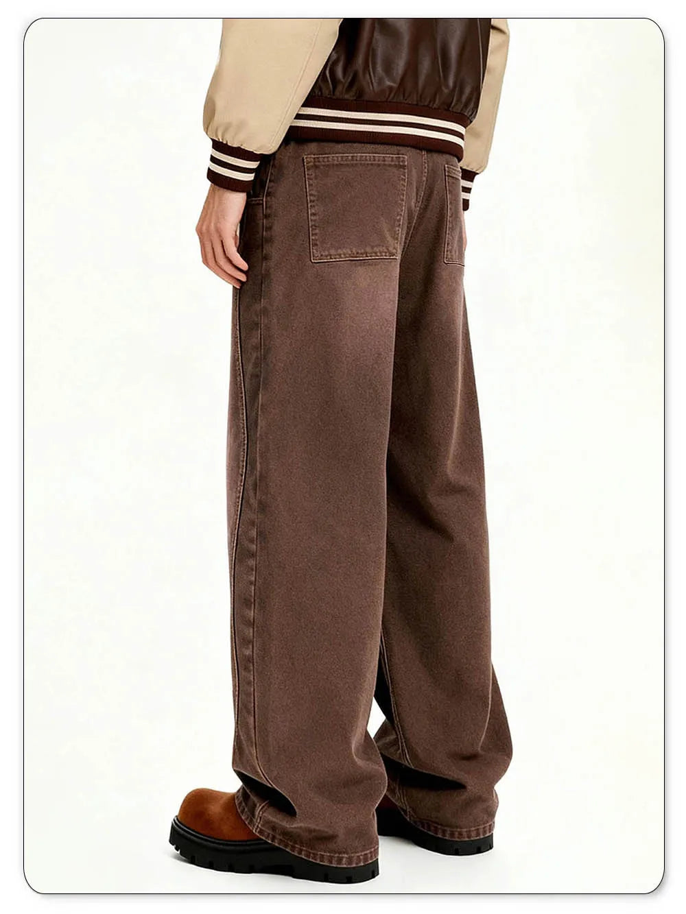 American Retro Men's Brown Casual Baggy Wide Leg Jeans Korean Cartoon Elephant Embroidery Loose Wide Leg Denim Pants Unisex