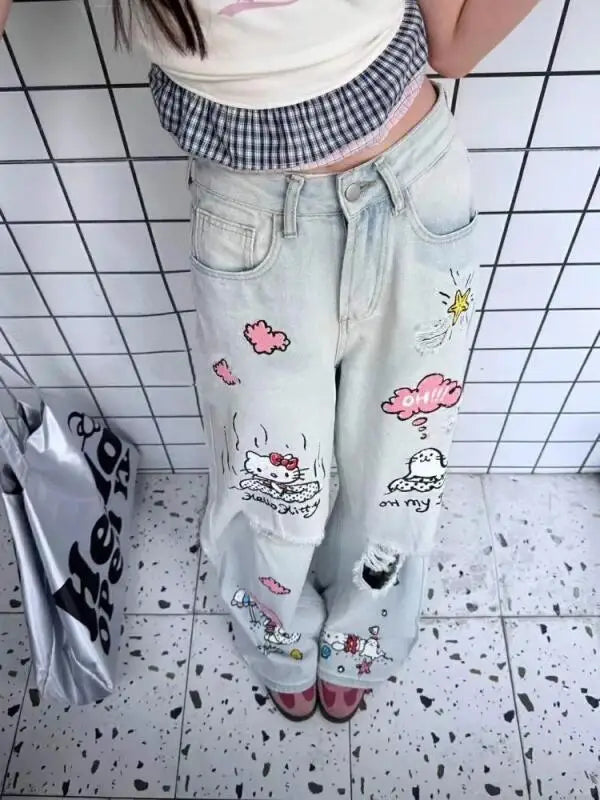 Kawaii Jeans Hello Kittys Ripped Wide-Leg Pants Cute Fashion Straight New Style Loose Comfortable Breathable Cartoon
