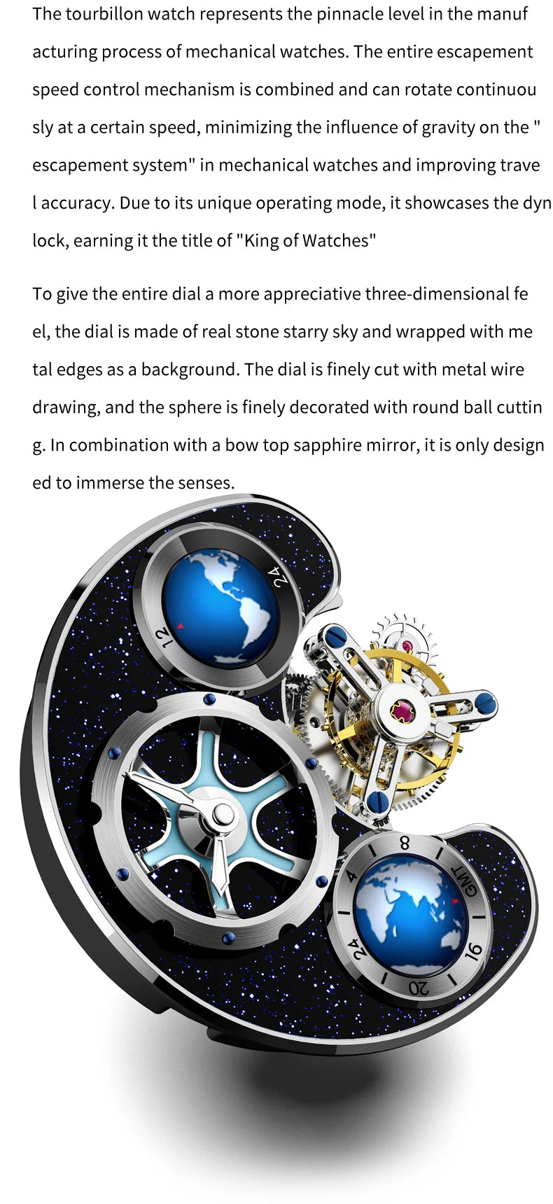 IDEAL KNIGHT Real Tourbillon Automatic Watches for Men 43mm Large Dial Blue Earth Series High-end Luxury Brand Mechanical Watch