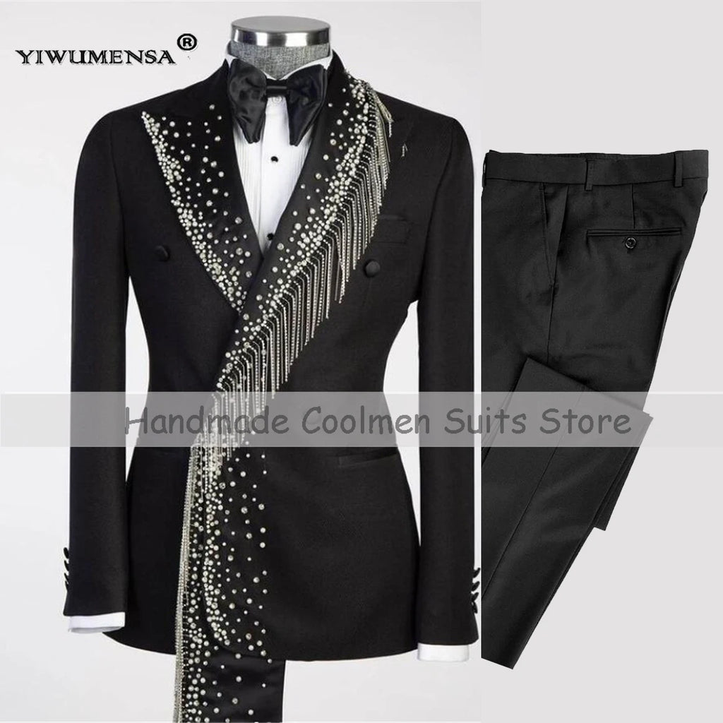 Luxury Jewelry Ornament Beaded Suits Men For Wedding Double Breasted Jacket Pants 2 Pieces Groomsman Tuxedo Customized Man Dress