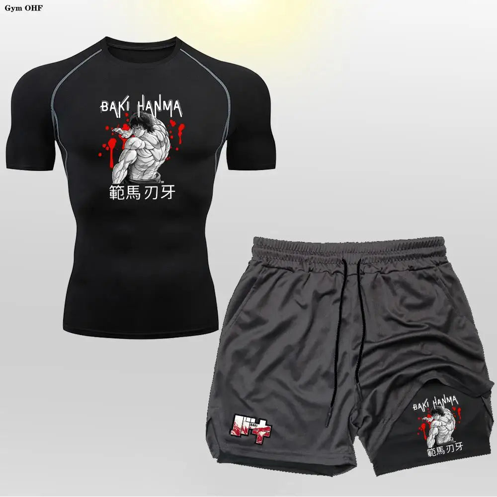 Anime Baki Sport Suits Runing Compression Shirt Shorts Sets Gym Fitness Jogging Training Rashguard Sportwear 2 in 1 Mens